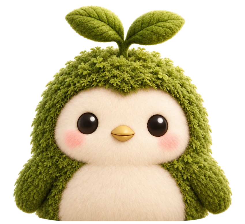mori, a fluffy forest-green penguin with a leafy sprout, rosy cheeks and a tiny yellow beak